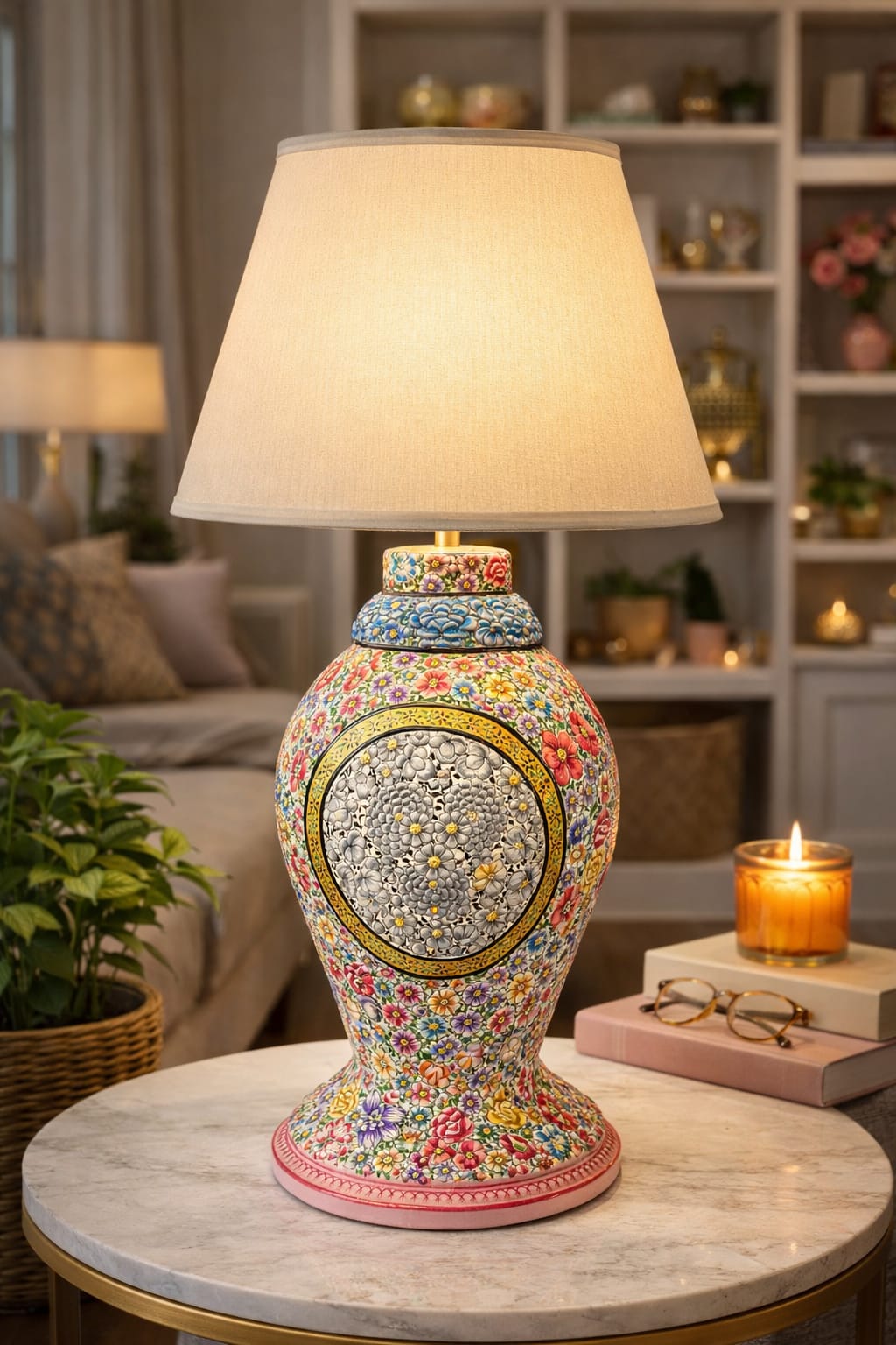 Kashmiri Paper Mache Table Lamp with kashmiri floral art, handmade paper mache table lamp 